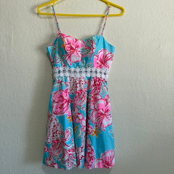 Lilly Pulitzer Blue Pink Floral Flare Dress Spaghetti Straps Crochet Waist Sz 00 - Picture 3 of 12